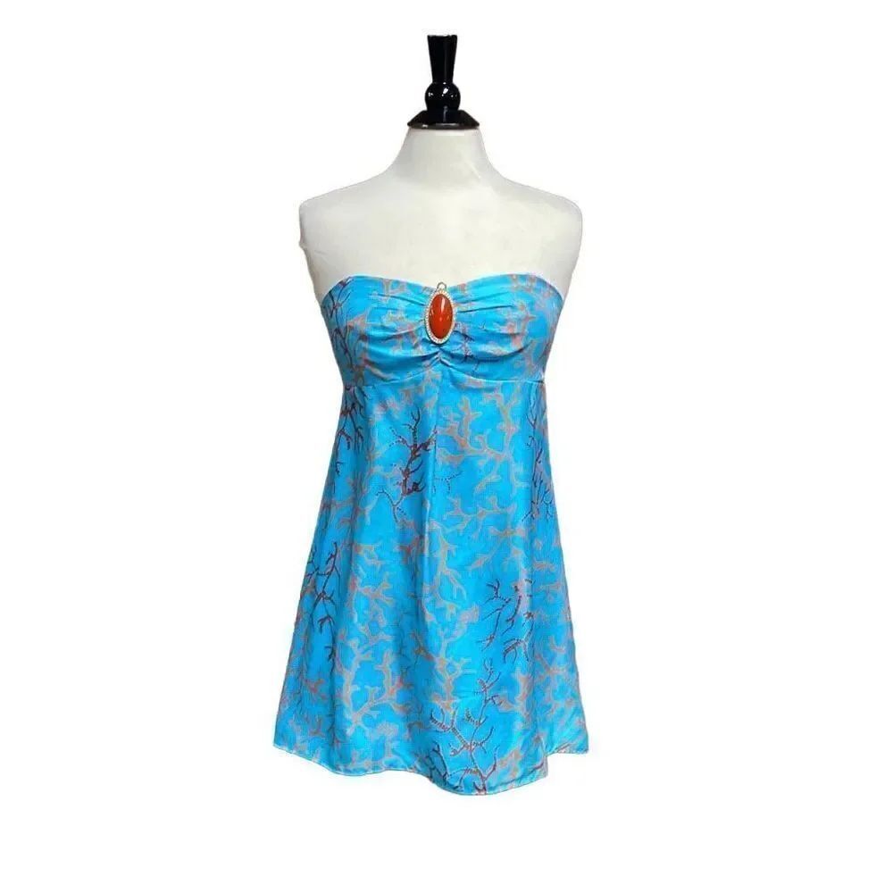 Lilly Pulitzer Jubilee Strapless Silk Blue & Coral Dress Size 10